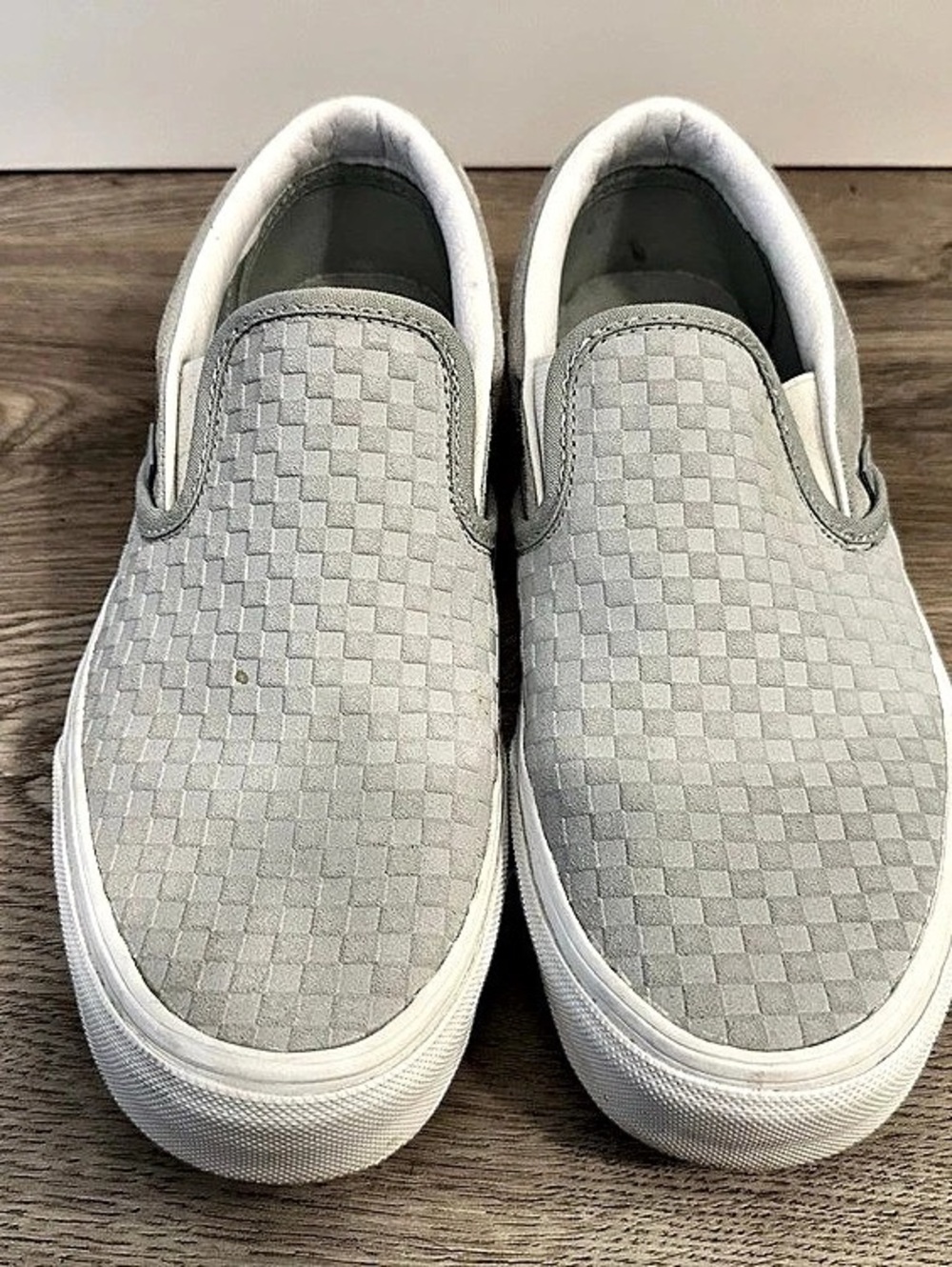 Vans Classic Slip-On Checkered Sneakers in Gray & White - Women’s 10.5